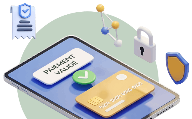 Illustration 3D d’un paiement en ligne sécurisé avec carte bancaire, smartphone et icônes de sécurité